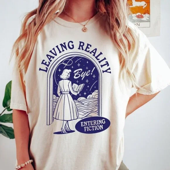 Leaving Reality Entering Fiction Shirt, Womens Reading Tshirt - Picture 1 of 4